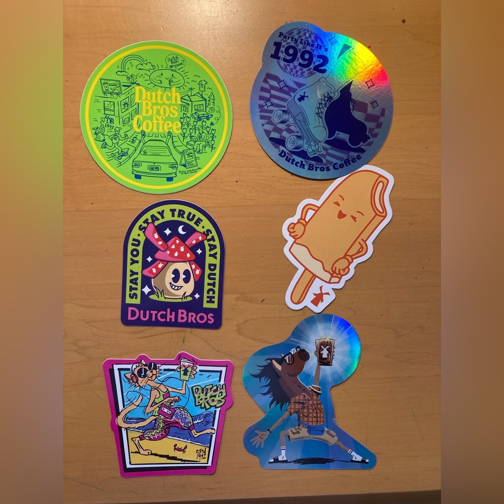 Random Lot of 6, rare hard to find Dutch bros stickers, Christmas Arizona
